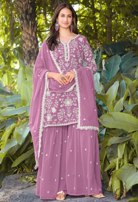 Pretty Pink Bead Embroidered Georgette Wedding Wear Palazzo Suit
